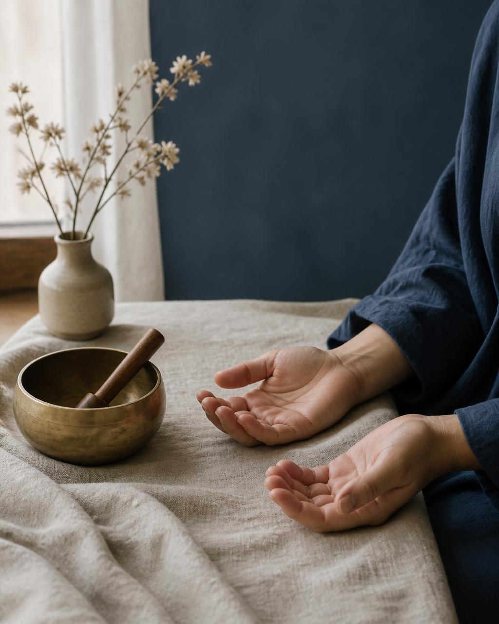 Calm hands resting palms-up beside a small brass singing bowl